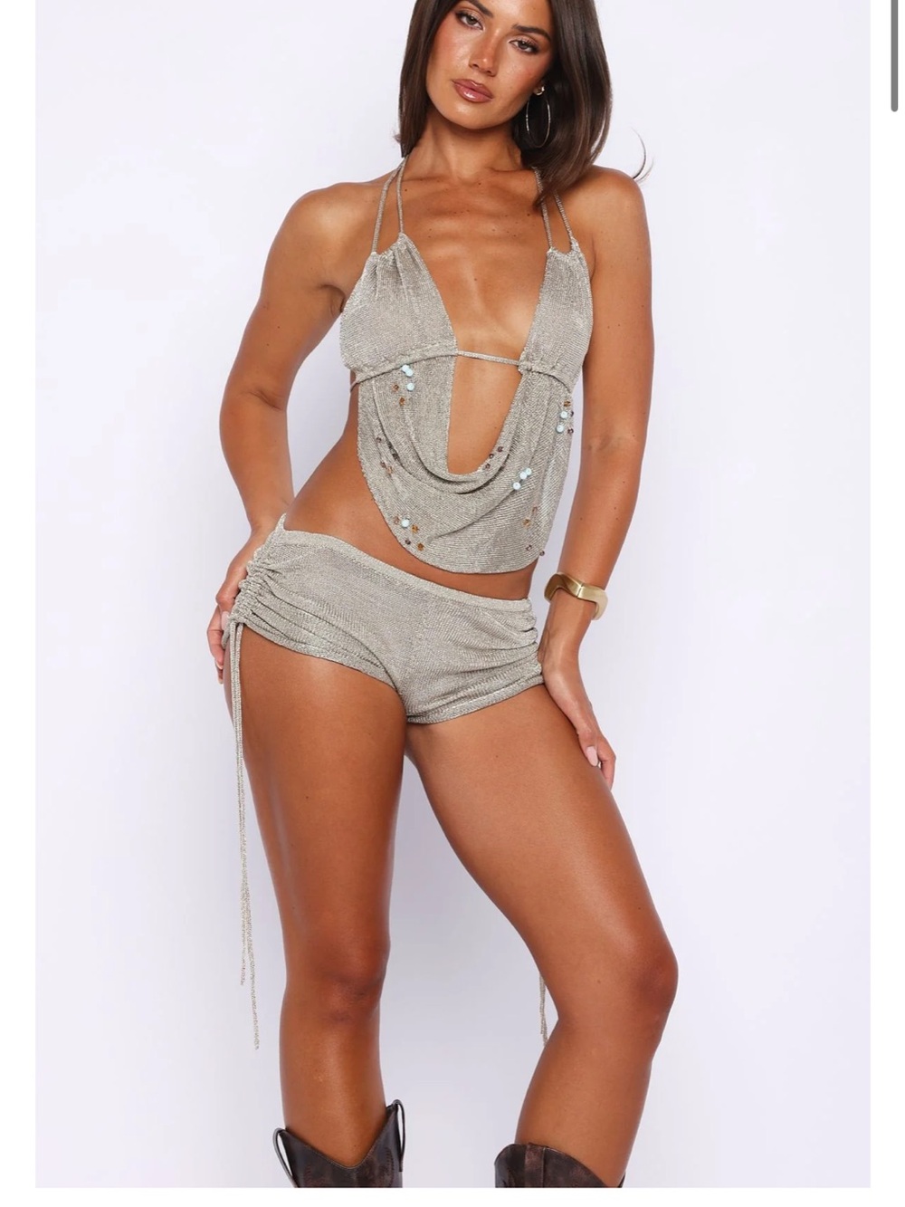 White Fox Boutique Metallic Silver Draped Halter Top & Shorts Set